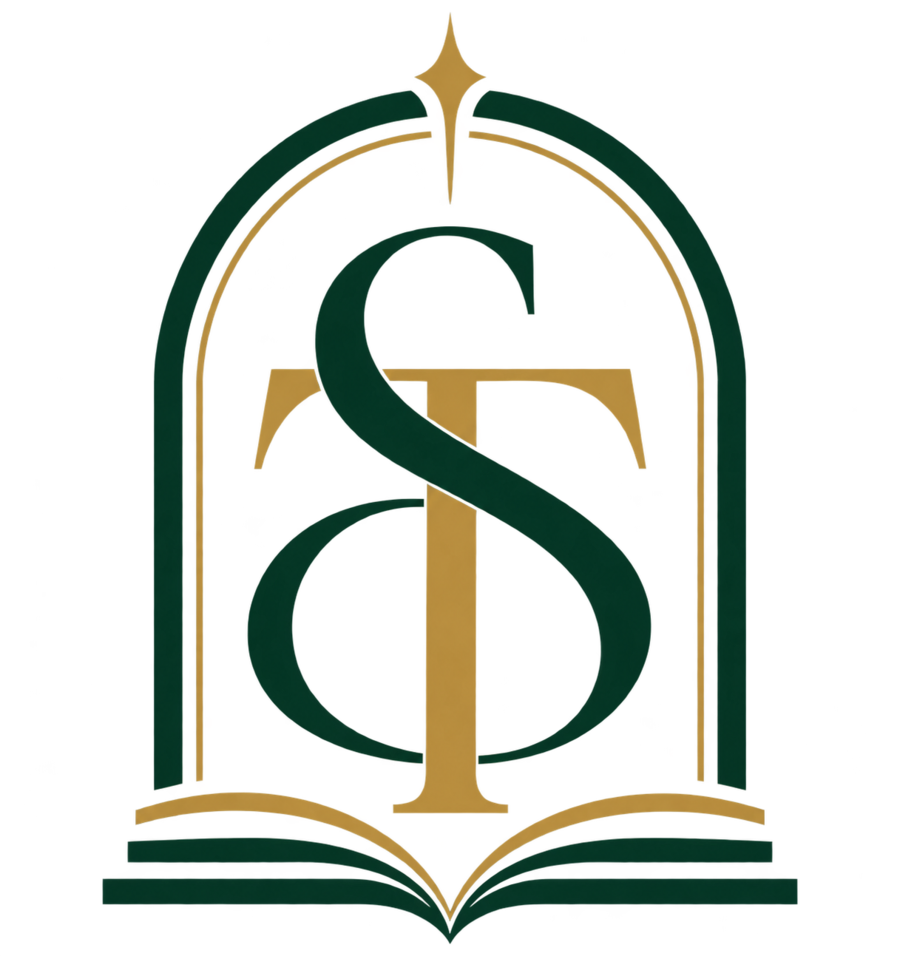 Marca do Instituto Stefani Teixeira: monograma S e T em verde e dourado sobre um livro aberto.